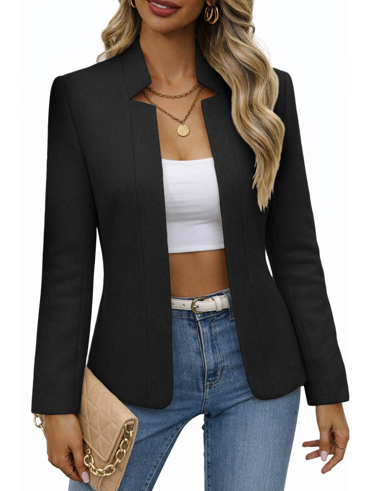 Mina Self 2026 Fall Women's Open Front Tweed Blazer,Plaid Fitted Jacket