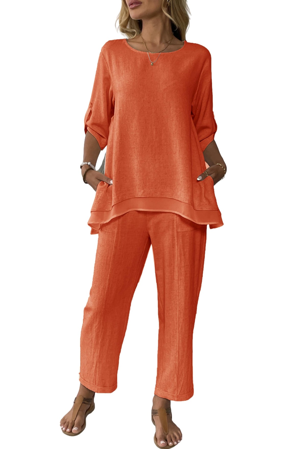Women's Linen 2 Piece Outfits Rolled Sleeves Tops Wide Leg Trouser Pants Suits Summer Casual Dressy Linen Sets