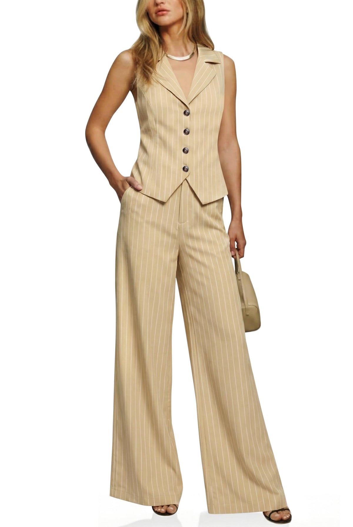 Cicy Bell Womens Vest Sets Button Crop Blazer Vest and Wide Leg Pant Suits