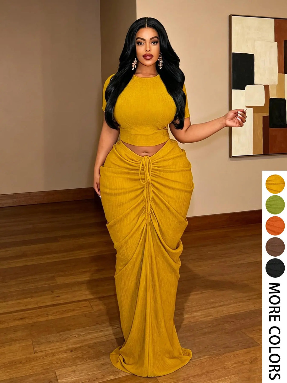 Plus Size Two-Piece Women's Set, Ribbed Short Top & Drawstring Pleated Skirt, Sexy Slim Fit Party Evening, Curvy Friendly Fashion
