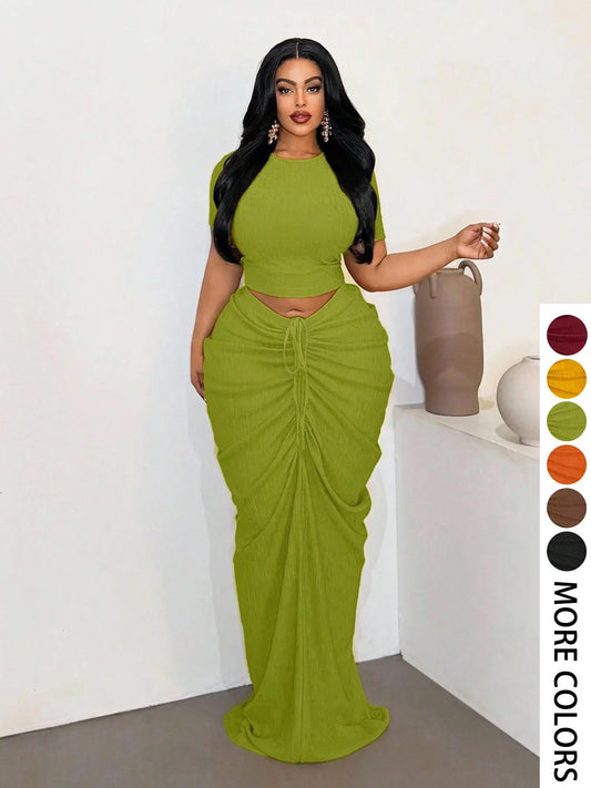 Plus Size Two-Piece Women's Set, Ribbed Short Top & Drawstring Pleated Skirt, Sexy Slim Fit Party Evening, Curvy Friendly Fashion