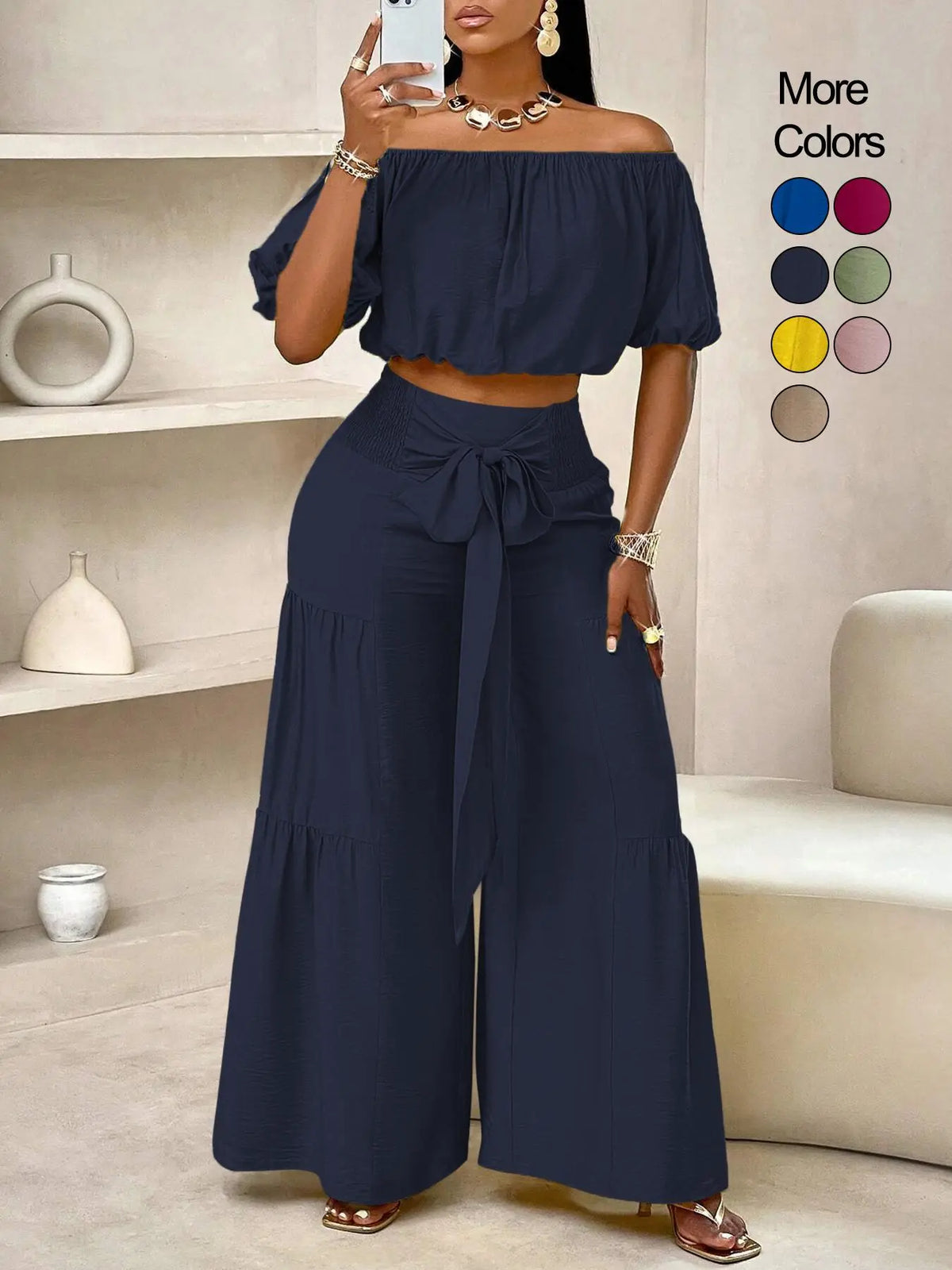 Summer Beach Vacation Bow Shoulderless Round Neck Shirt Wide Leg Pants Set, Casual Loose-Fitting, Women's Fashion, Womenswear