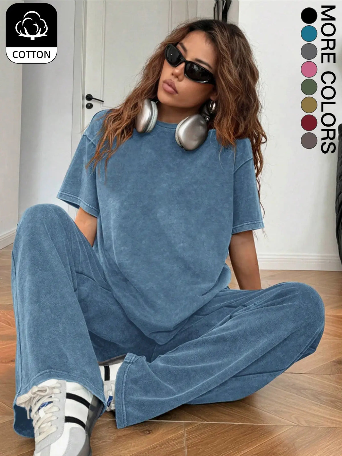 Women's Basic Casual Everyday Acid-Wash Vintage Street-Style Soft Cotton Two-Piece Set, Loose-Fit Round-Neck Short-Sleeve T-Shirt and Wide-Leg Pants
