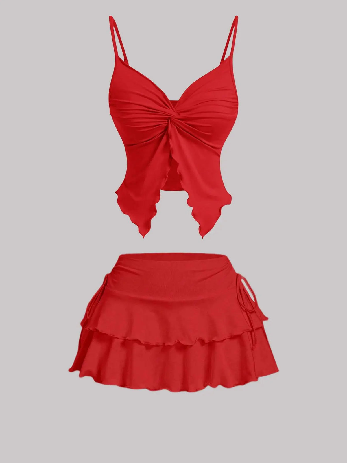 Women's Breathable Casual Solid Fitted Ribbed Strappy Sleeveless Twist-Front Top & Tie-Side Skirt Set Feminine Clothes