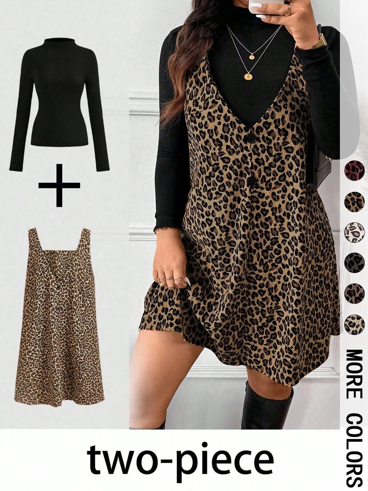 Women's High Neck Long Sleeve Inner Layer + Leopard Print Strap Skirt Matching Set, Casual Daily Day Spring Autumn Commuter, Two-Piece Ensemble Outfit Clothes, Animal Print Set