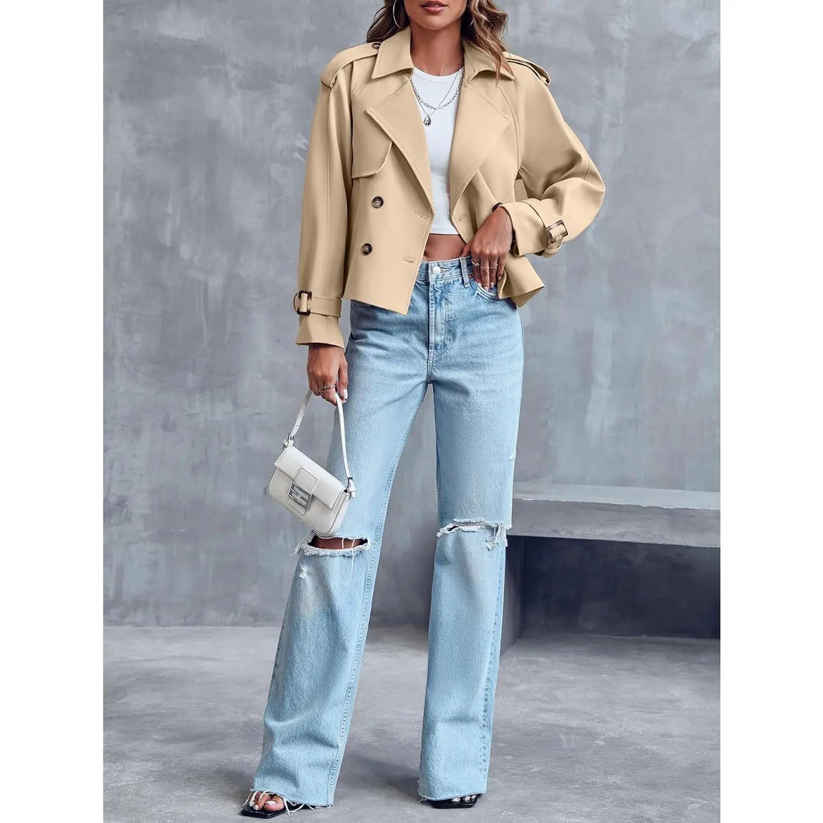 Fessceruna Women Crop Double Breasted Trench Coat Raglan Sleeve Work Office Cropped Jacket With Pockets