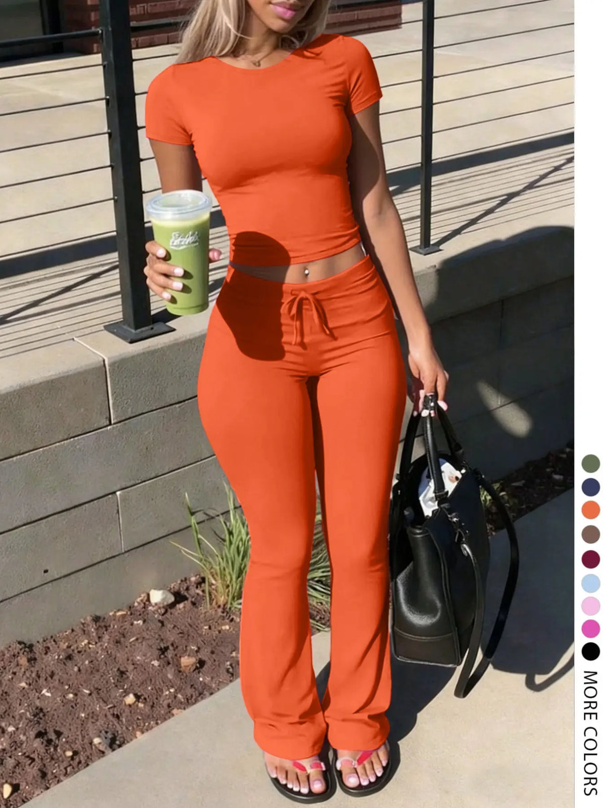 Women's LovelyWholesale Fashion Casual Two-Piece Set, Solid Color Round-Neck Short-Sleeve T-Shirt Top and Drawstring Pants, Spring and Summer Clothing