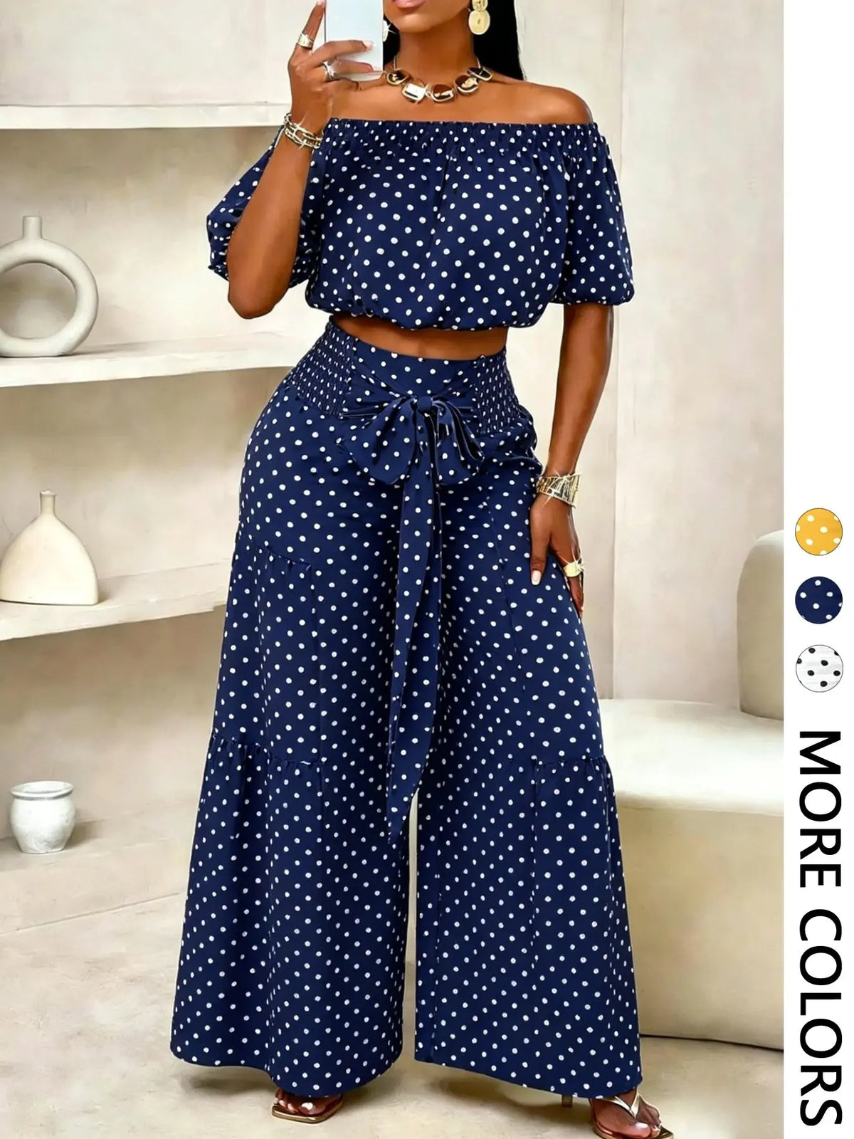 Summer Beach Vacation Bow Shoulderless Round Neck Shirt Wide Leg Pants Set, Casual Loose-Fitting, Women's Fashion, Womenswear