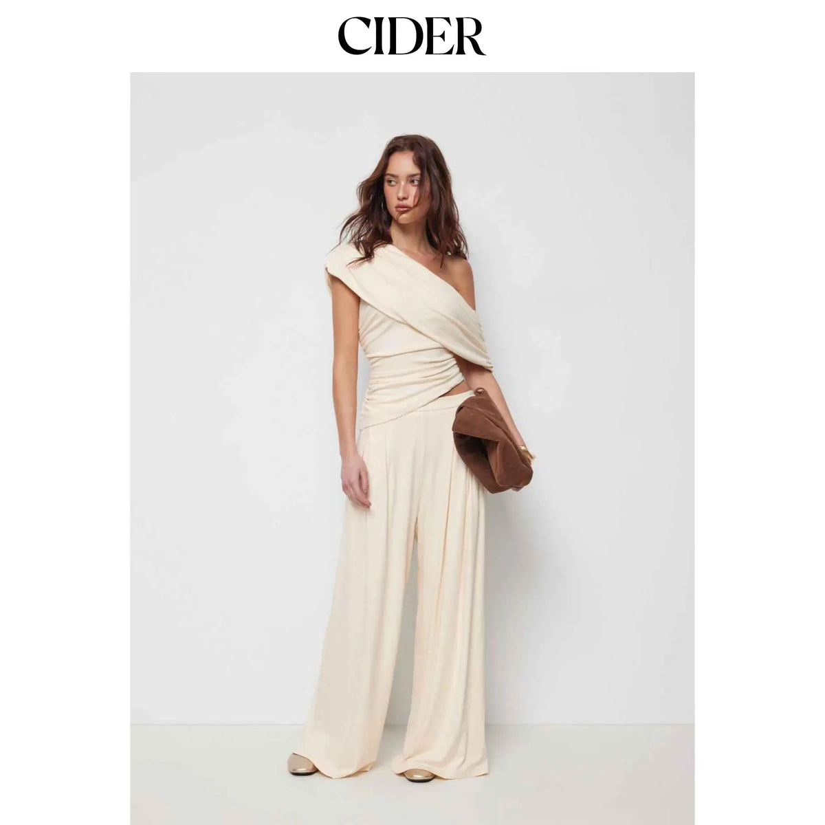 Cider 2-Piece Set Asymmetrical Neck Ruched Top & Mid Rise Wide Leg Draped Trousers Set