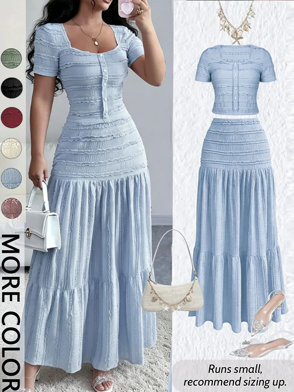 Women's Casual Elegant Chic Short-Sleeve Square-Neck T-Shirt and Half Skirt Set, Cute Spring and Fall Outfit Clothes