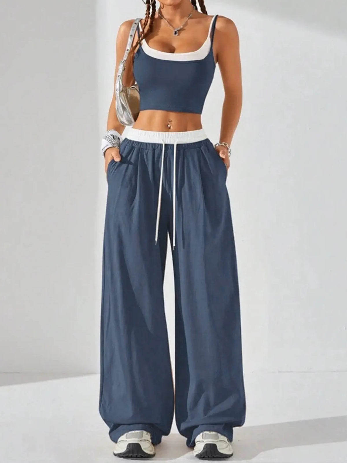 Two-Piece Set Women's Colorblock 2 in 1 Cami Top & Wide Leg Pants Set, Casual Sleeveless Top & Pocket Trousers, Ladies Summer Clothes, Casual Lounge Set, Stretchy Outfit Sets, Camisole Sets, Pants Loungewear Set