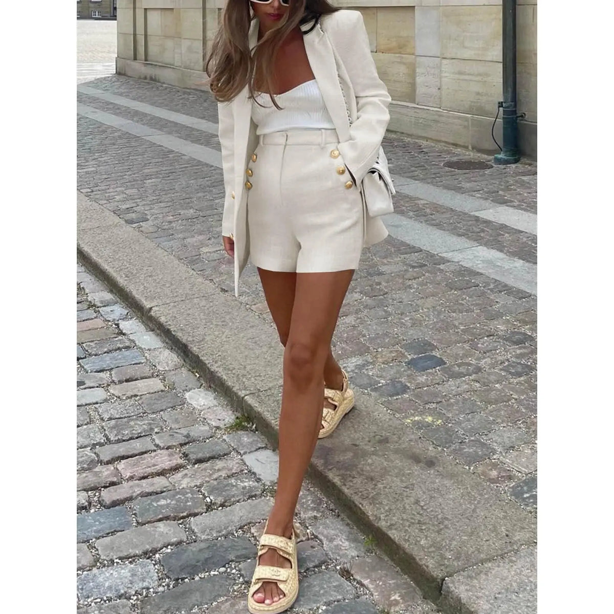 Imily Bela Womens 2 Piece Tweed Blazer Shorts Sets Long Sleeve Double Breasted Suit Jackets Business Outfit Fabric Formal