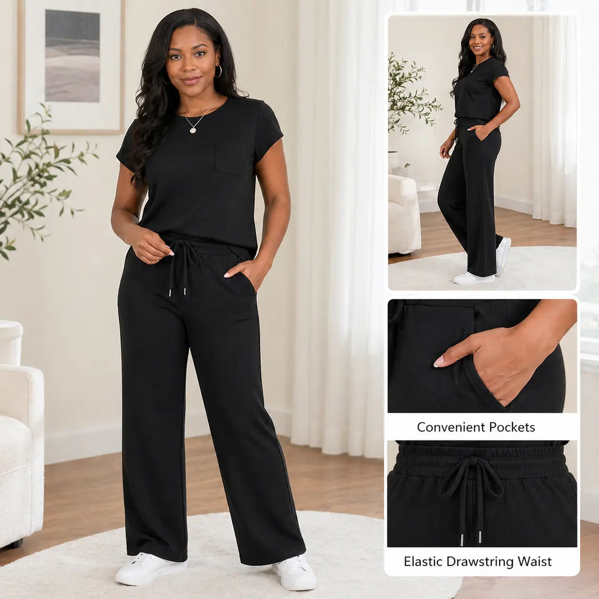 OFEEFAN Womenswear 2 Piece Sets for Women Casual Summer Travel Vacation Outfits Cap Sleeve Lounge Set Chic Crewneck Soft Silky Breathable Clothes