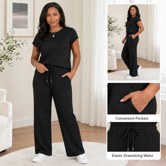 OFEEFAN Womenswear 2 Piece Sets for Women Casual Summer Travel Vacation Outfits Cap Sleeve Lounge Set Chic Crewneck Soft Silky Breathable Clothes