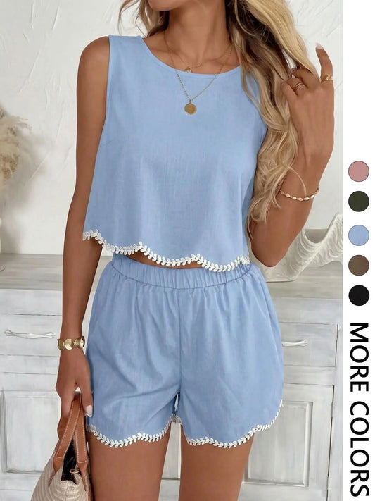 Women's Scallop Trim Embroidered Two-Piece Set, Suitable for Casual Going Out and Daily Wear, Island Vacation Beach Outfits, Sleeveless Summer Outfits for Women, Embroidery