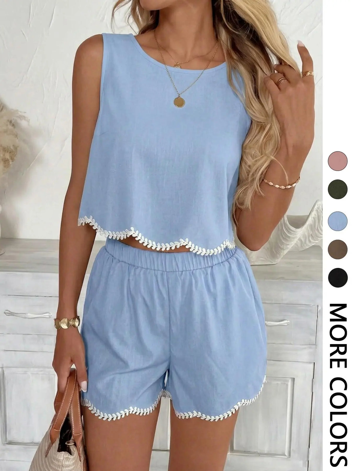 Women's Scallop Trim Embroidered Two-Piece Set, Suitable for Casual Going Out and Daily Wear, Island Vacation Beach Outfits, Sleeveless Summer Outfits for Women, Embroidery