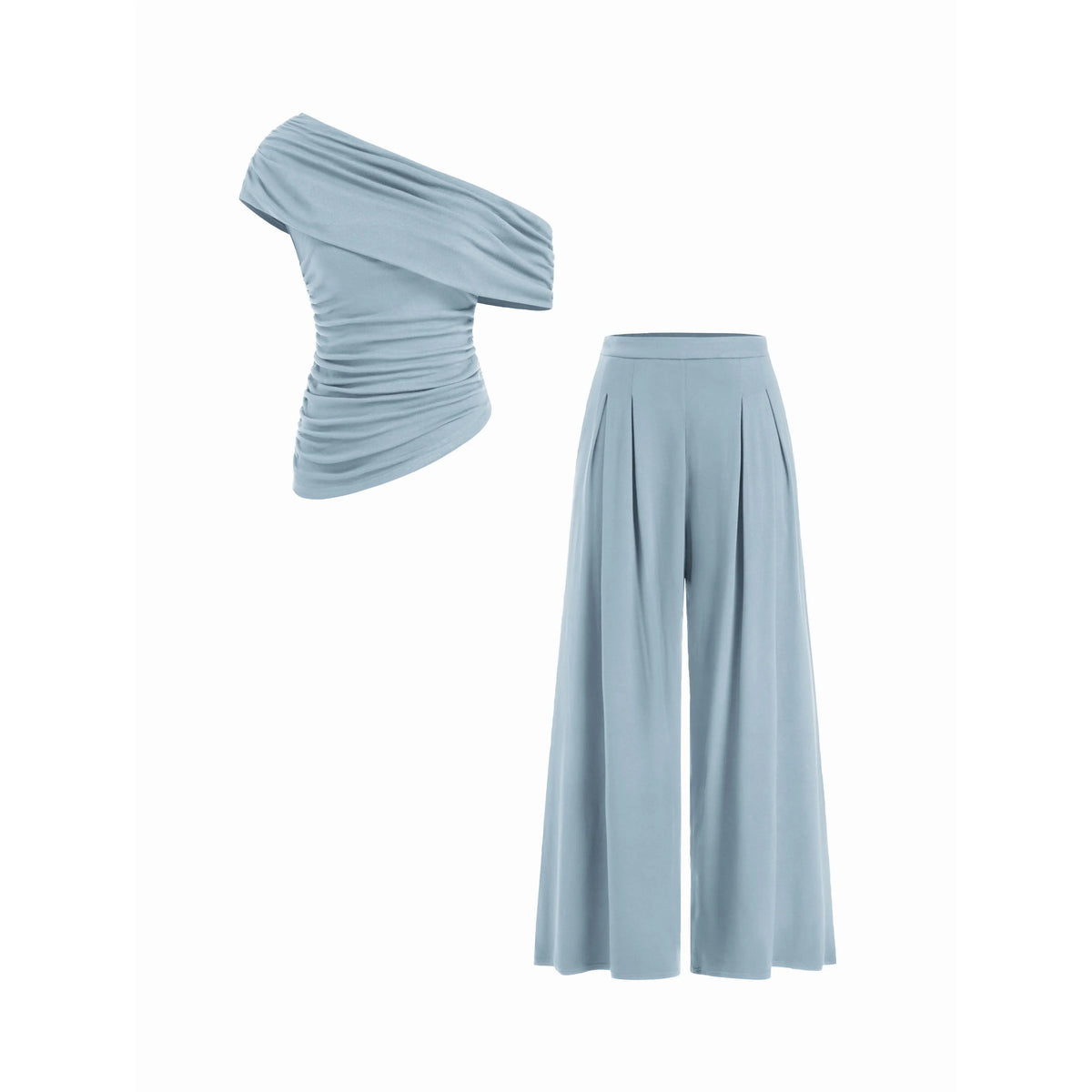 Cider 2-Piece Set Asymmetrical Neck Ruched Top & Mid Rise Wide Leg Draped Trousers Set