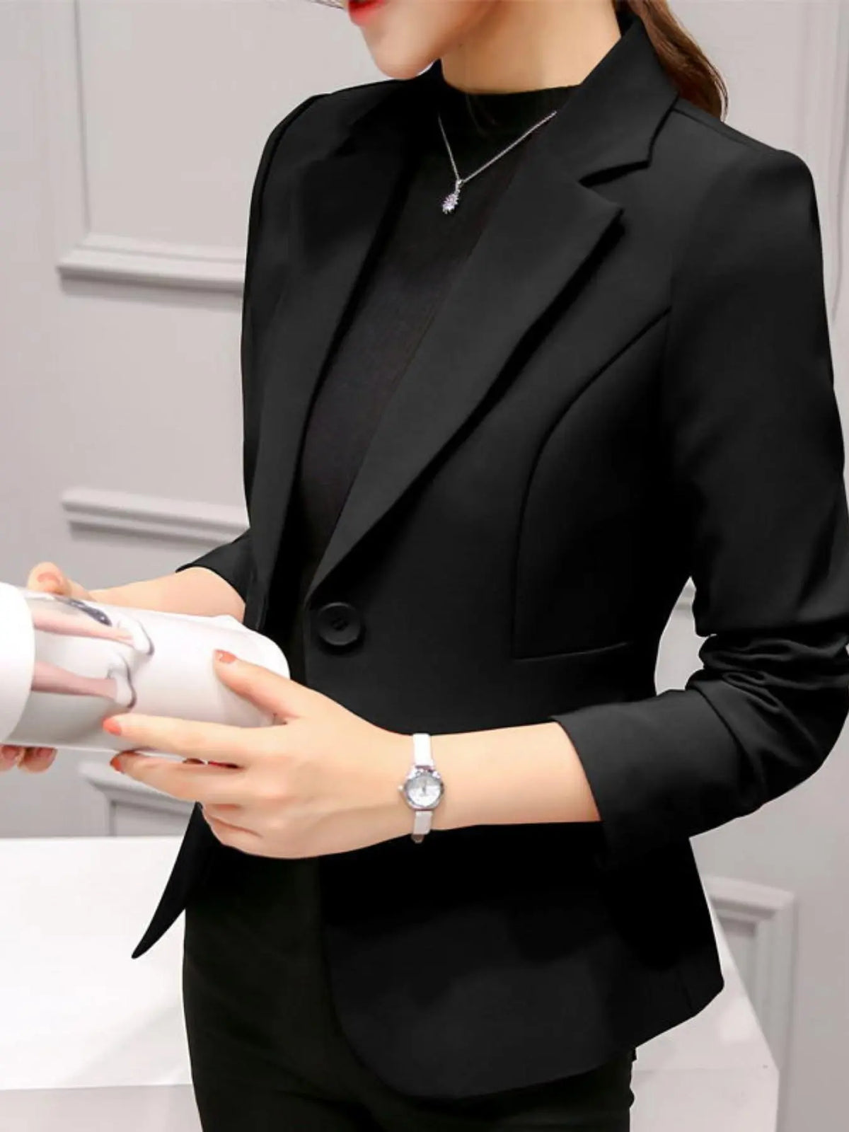 Women's Solid Button Front Lapel Blazer, Elegant Casual Long Sleeve Outerwear for Work Office Business, Ladies Clothes for All Seasons