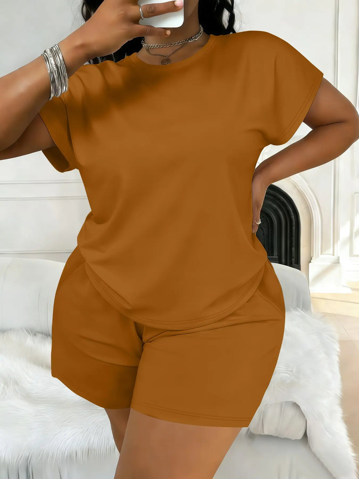 Women's Plus Size Casual Minimalist Plain Short-Sleeve Top and Shorts Set, Spring-Summer Womenswear Clothes with Loose Fit Comfort, All-Season Fashion