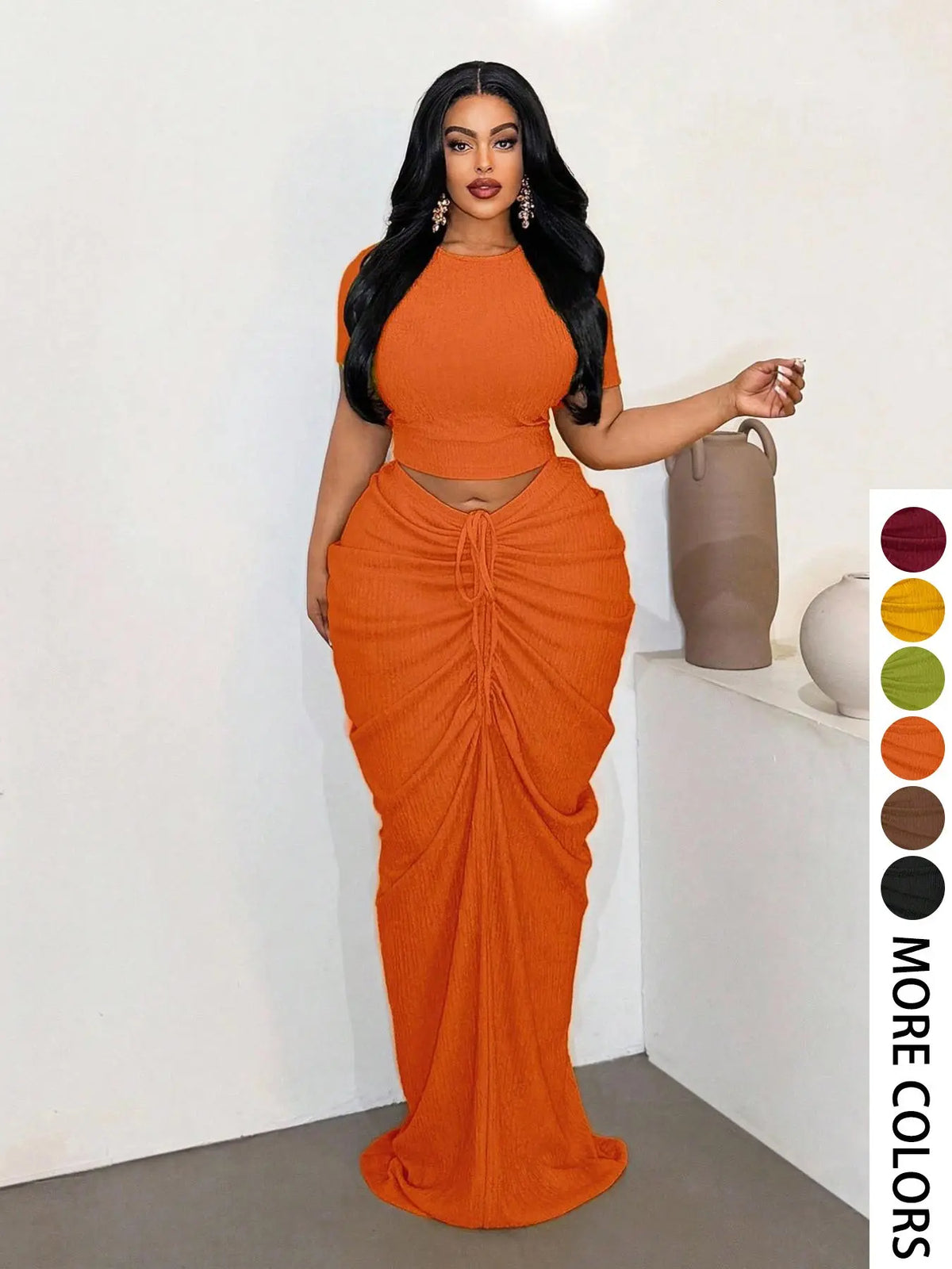 Plus Size Two-Piece Women's Set, Ribbed Short Top & Drawstring Pleated Skirt, Sexy Slim Fit Party Evening, Curvy Friendly Fashion