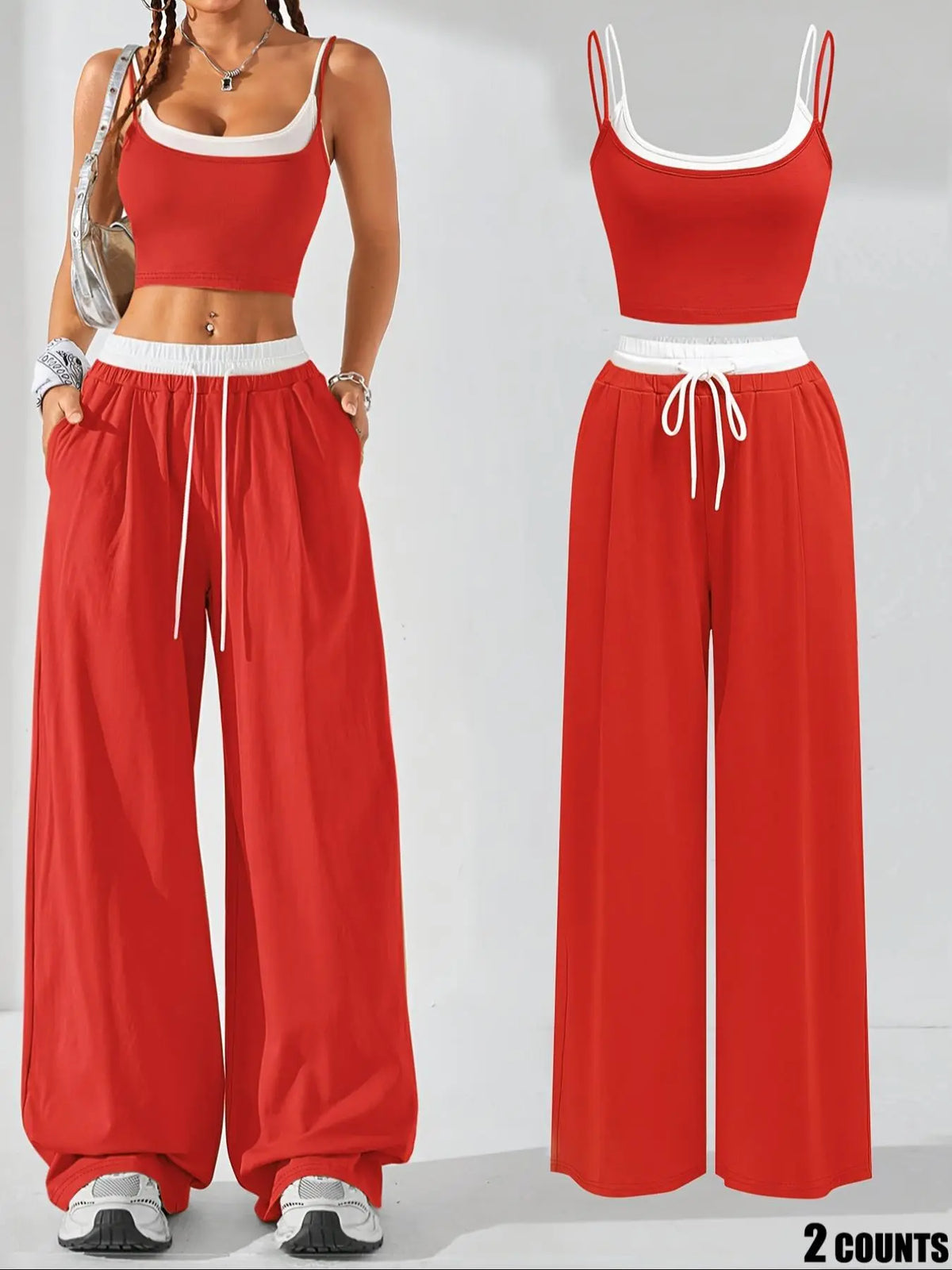 Two-Piece Set Women's Colorblock 2 in 1 Cami Top & Wide Leg Pants Set, Casual Sleeveless Top & Pocket Trousers, Ladies Summer Clothes, Casual Lounge Set, Stretchy Outfit Sets, Camisole Sets, Pants Loungewear Set