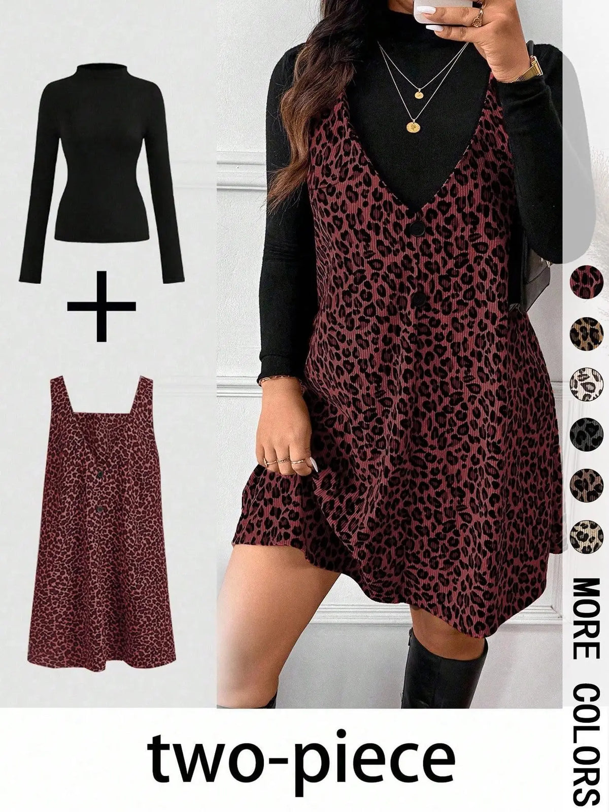 Women's High Neck Long Sleeve Inner Layer + Leopard Print Strap Skirt Matching Set, Casual Daily Day Spring Autumn Commuter, Two-Piece Ensemble Outfit Clothes, Animal Print Set