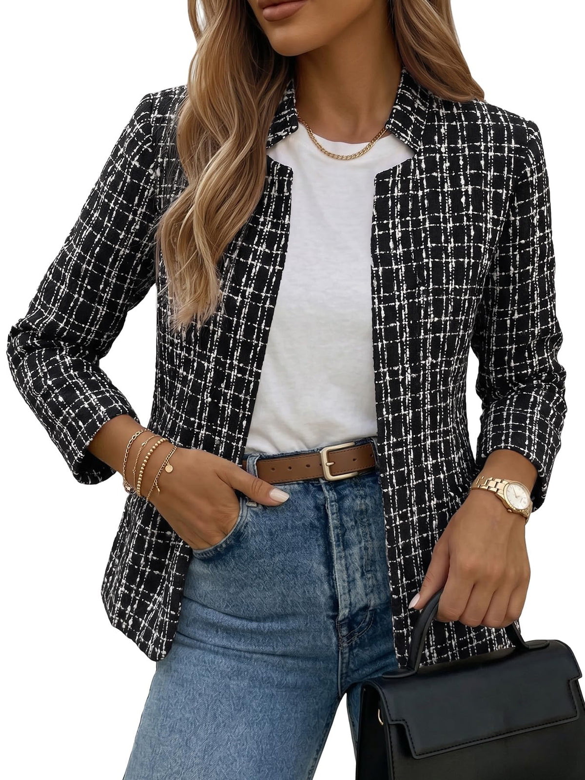Mina Self 2026 Fall Women's Open Front Tweed Blazer,Plaid Fitted Jacket