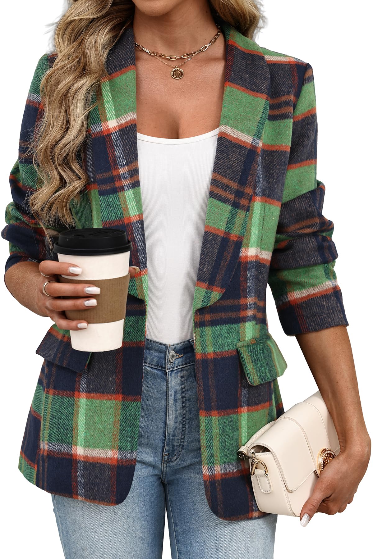 ELLEVEN Women's Shawl Collar Plaid Blazer