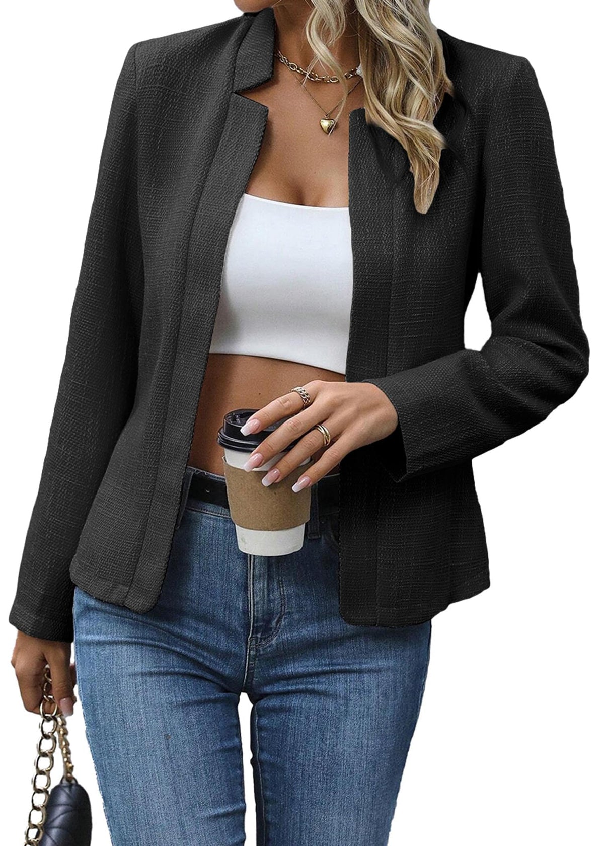 Mina Self 2026 Fall Women's Open Front Tweed Blazer,Plaid Fitted Jacket