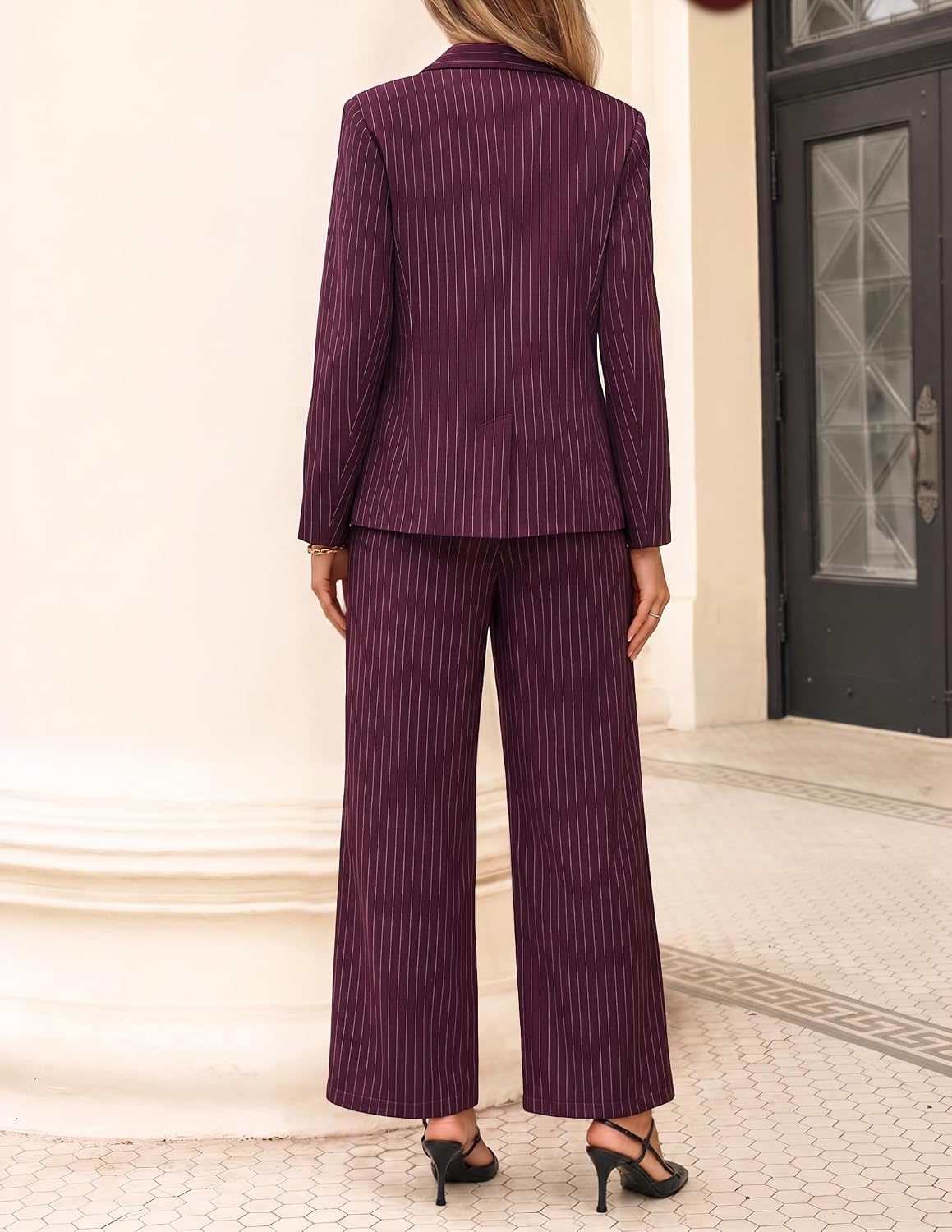 ZESICA Women's 2 Piece Striped Suit Sets Business Casual Outfits