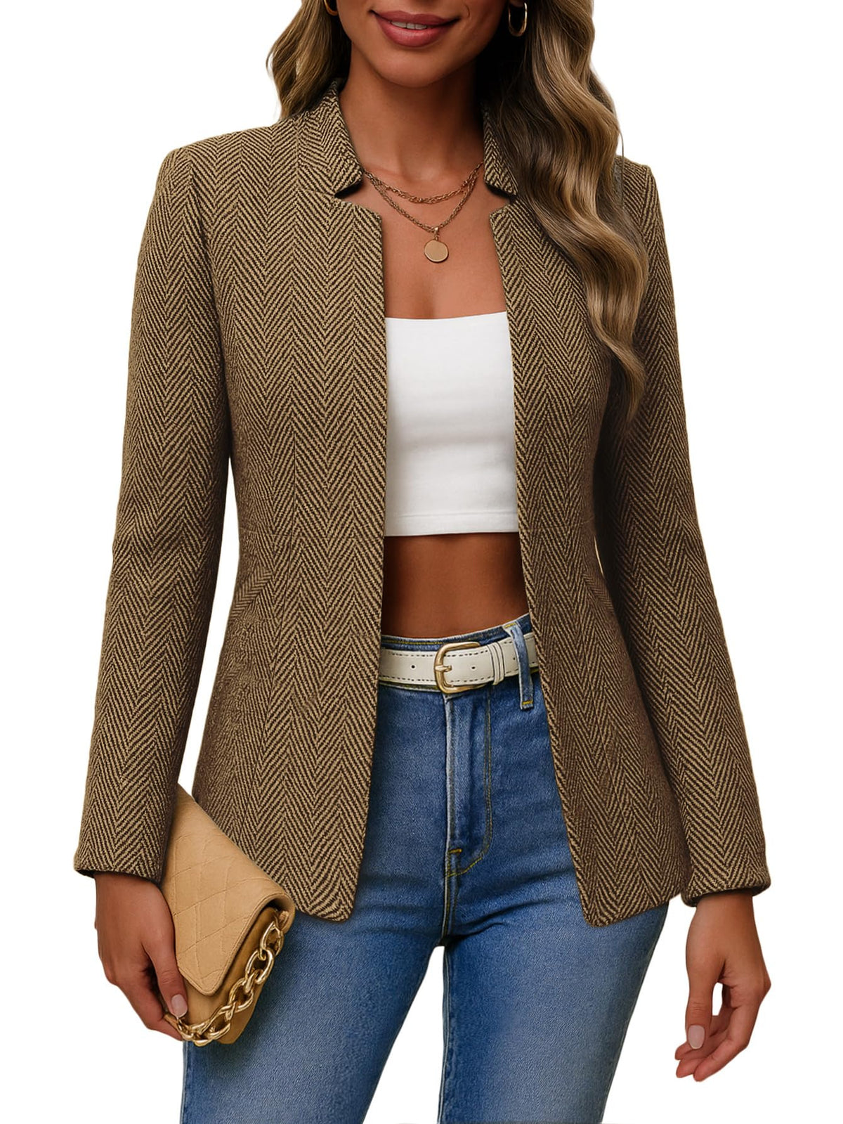 Mina Self 2026 Fall Women's Open Front Tweed Blazer,Plaid Fitted Jacket