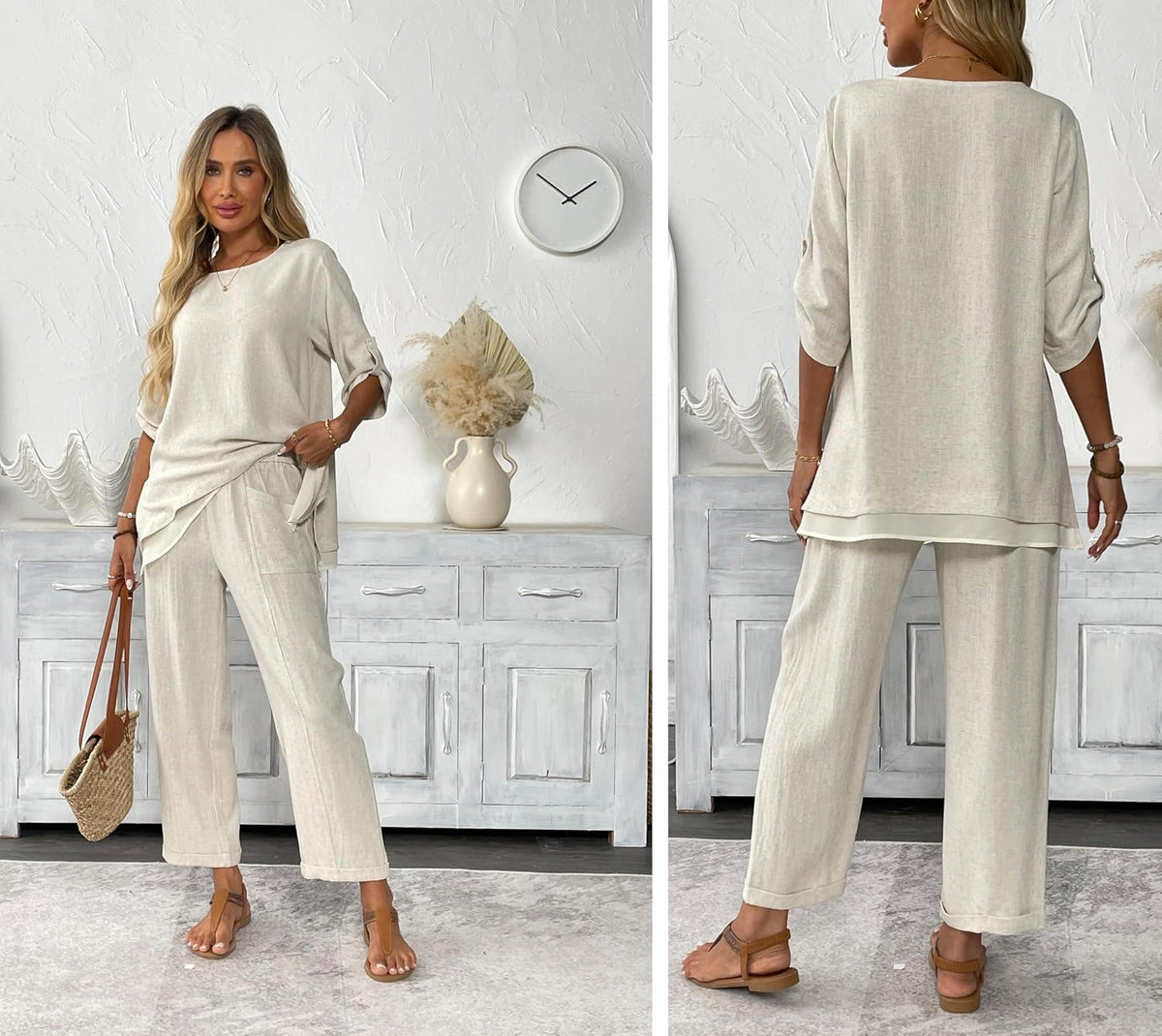 Women's Linen 2 Piece Outfits Rolled Sleeves Tops Wide Leg Trouser Pants Suits Summer Casual Dressy Linen Sets