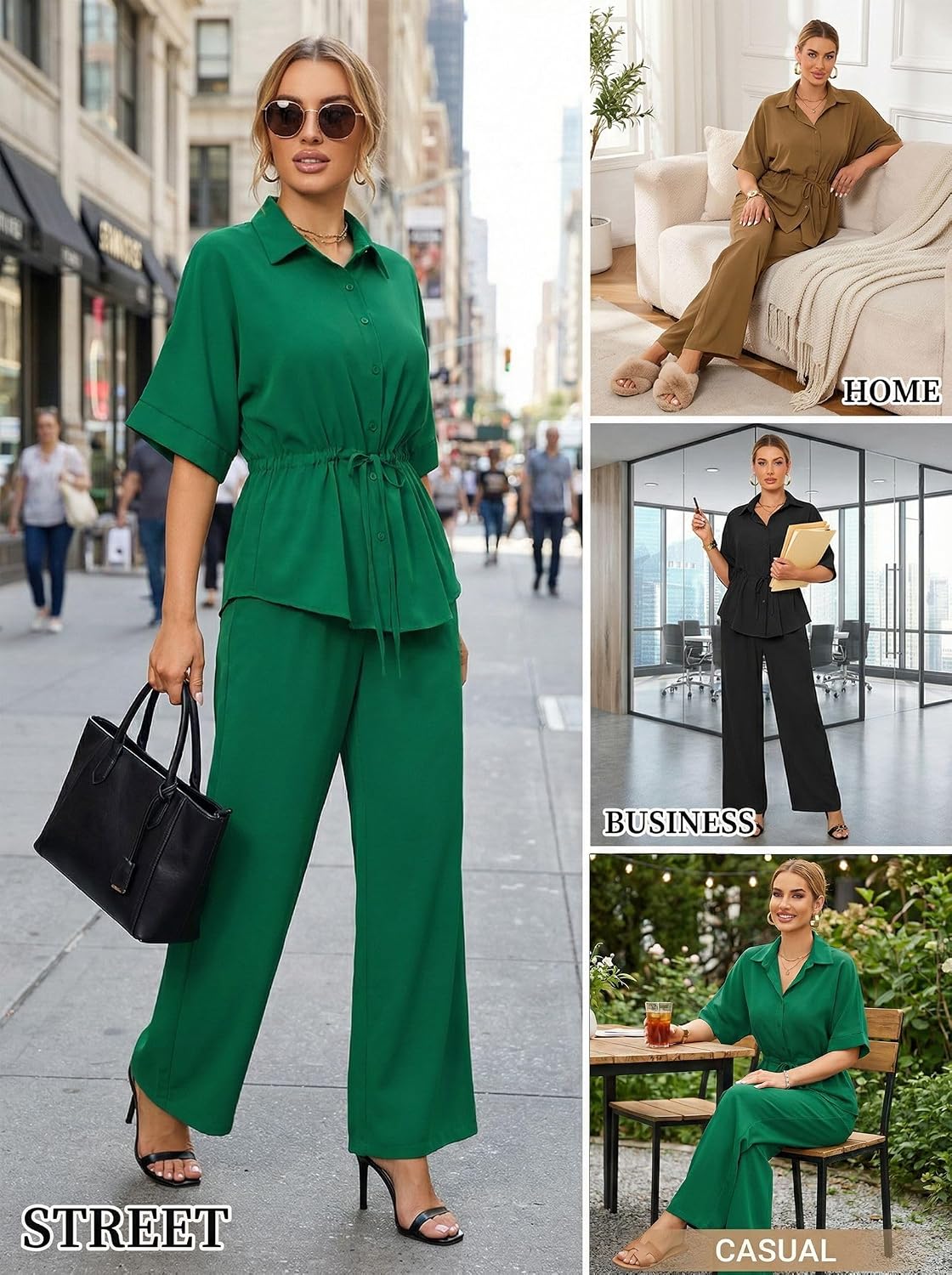 Two Piece Sets for Women Dressy Shirt Top Flared Pants Business Pantsuits