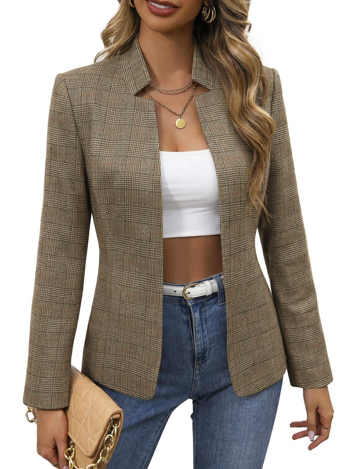 Mina Self 2026 Fall Women's Open Front Tweed Blazer,Plaid Fitted Jacket