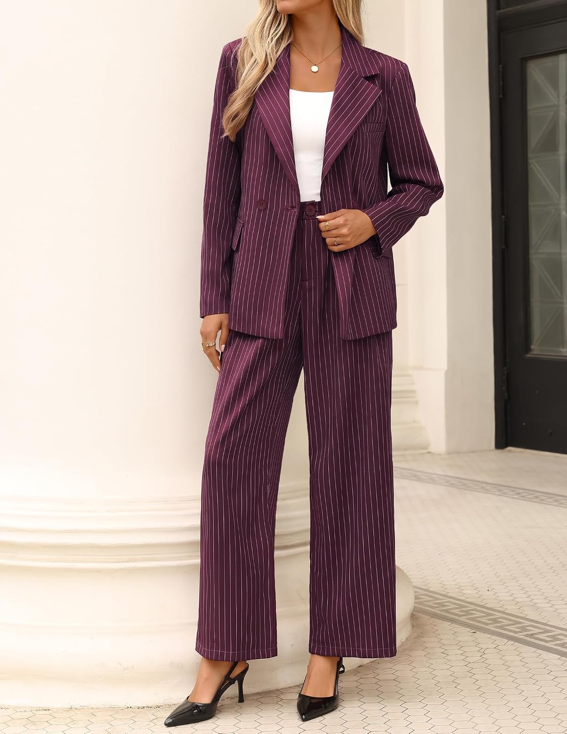 ZESICA Women's 2 Piece Striped Suit Sets Business Casual Outfits
