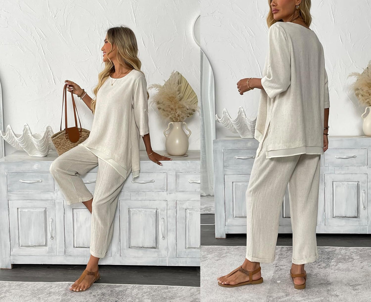 Women's Linen 2 Piece Outfits Rolled Sleeves Tops Wide Leg Trouser Pants Suits Summer Casual Dressy Linen Sets
