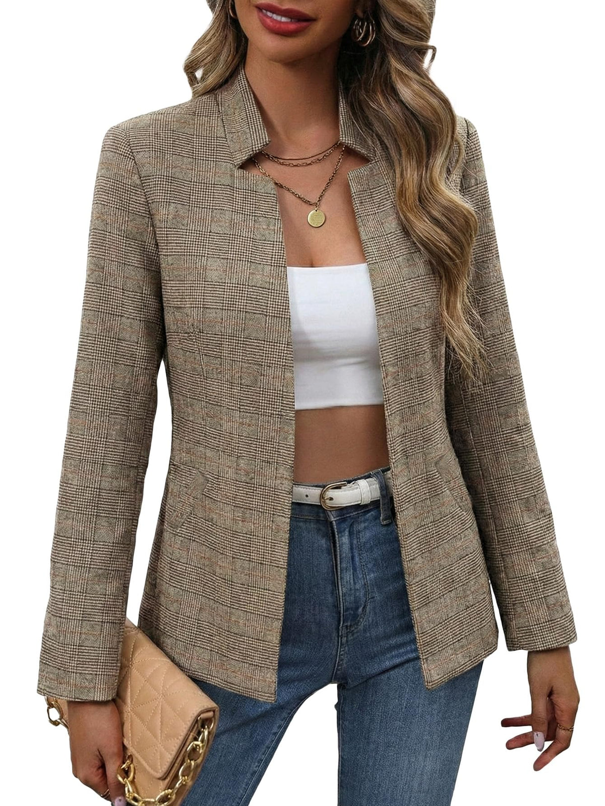 Mina Self 2026 Fall Women's Open Front Tweed Blazer,Plaid Fitted Jacket