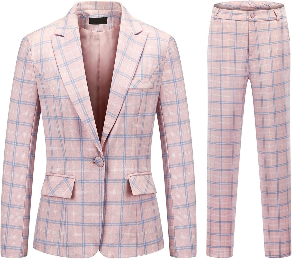 MODFUL Women's 2-Piece Plaid Business Suit Blazer&Pants Set