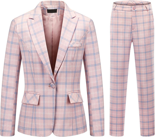 MODFUL Women's 2-Piece Plaid Business Suit Blazer&Pants Set