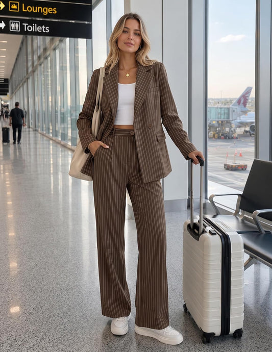 ZESICA Women's 2 Piece Striped Suit Sets Business Casual Outfits