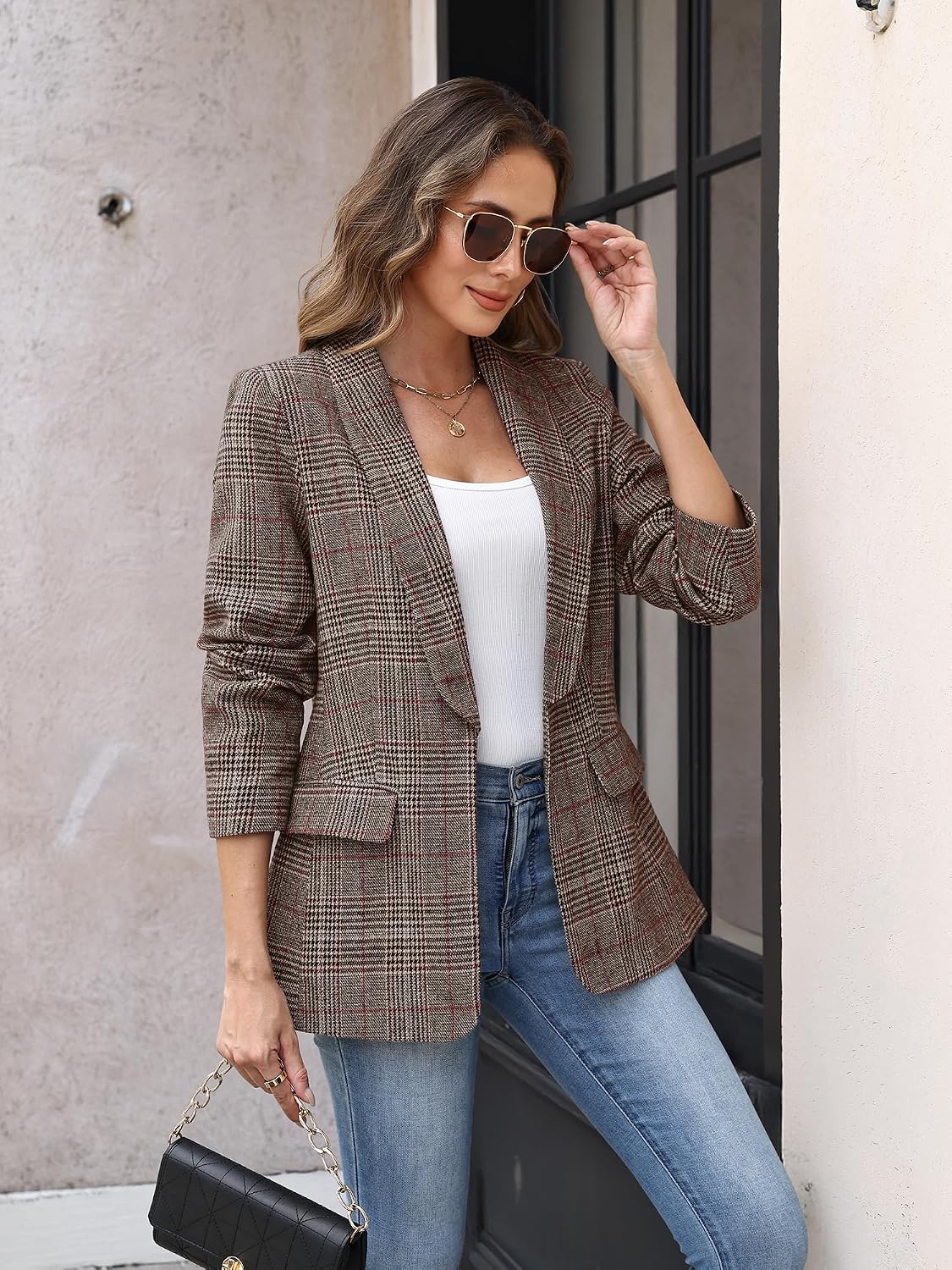 ELLEVEN Women's Shawl Collar Plaid Blazer