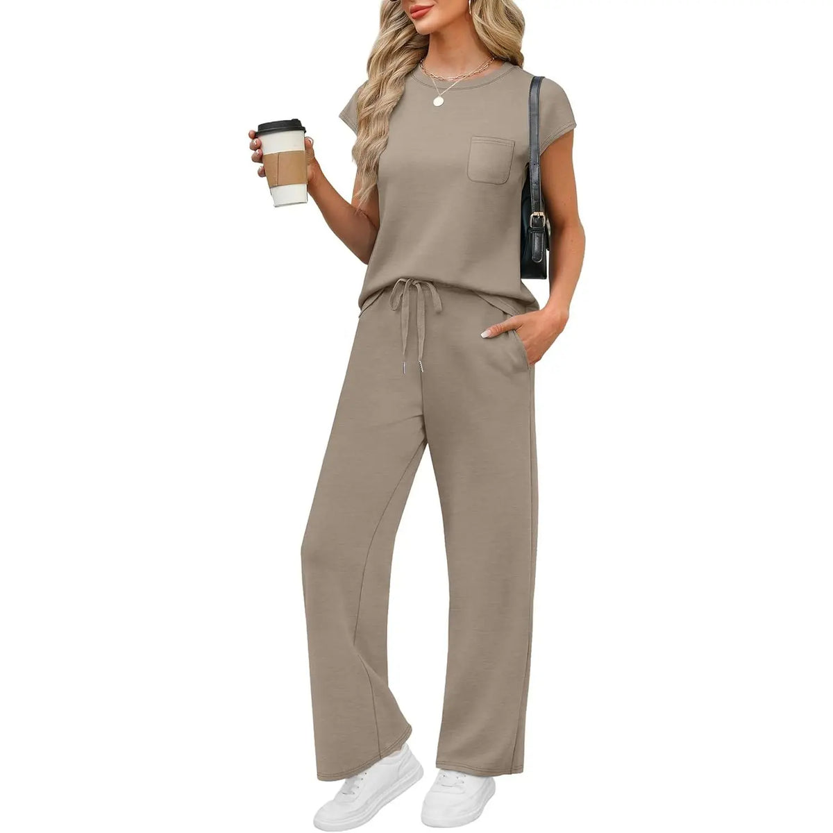 OFEEFAN Womenswear 2 Piece Sets for Women Casual Summer Travel Vacation Outfits Cap Sleeve Lounge Set Chic Crewneck Soft Silky Breathable Clothes
