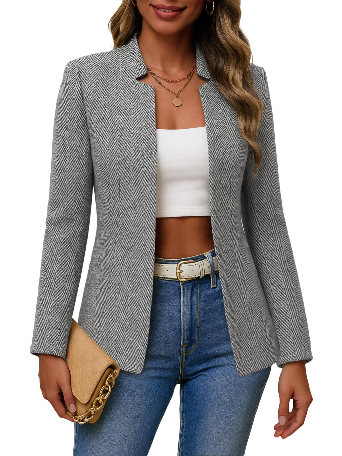 Mina Self 2026 Fall Women's Open Front Tweed Blazer,Plaid Fitted Jacket