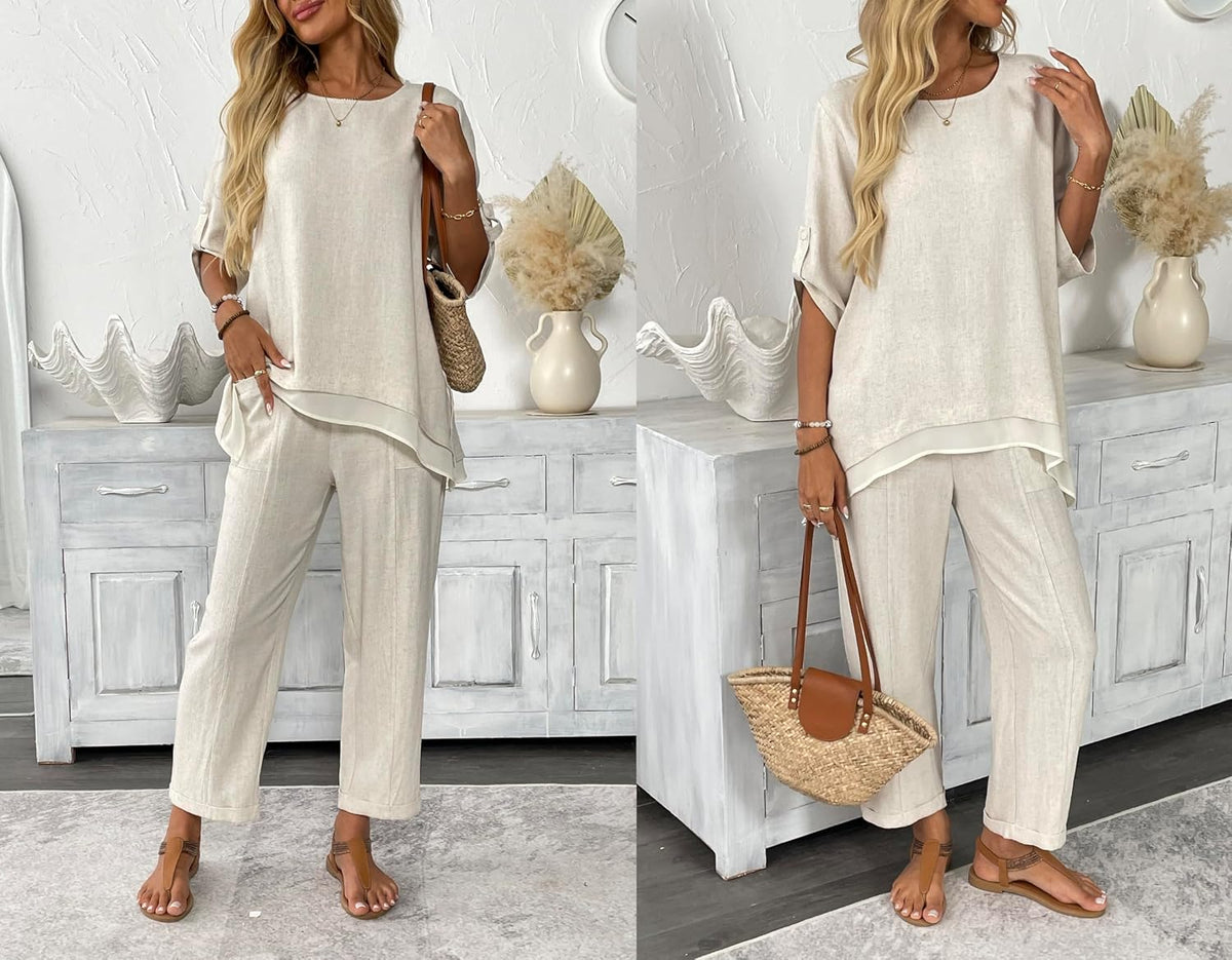 Women's Linen 2 Piece Outfits Rolled Sleeves Tops Wide Leg Trouser Pants Suits Summer Casual Dressy Linen Sets