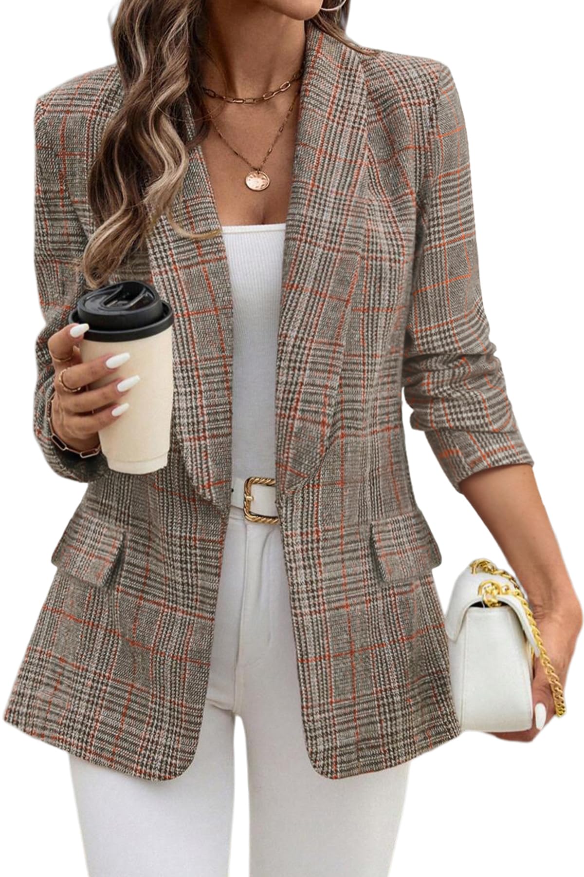 ELLEVEN Women's Shawl Collar Plaid Blazer