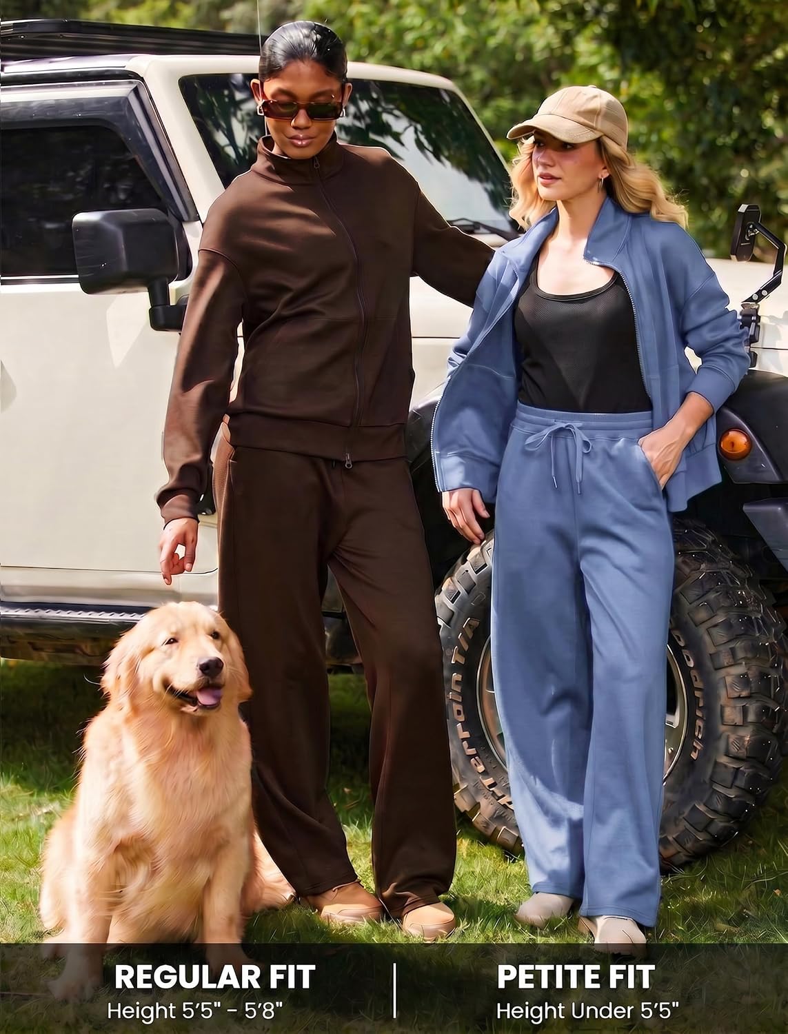 PINSPARK 2 Piece Sets for Women Two-Way Zip Top Wide Leg Pants Tracksuit
