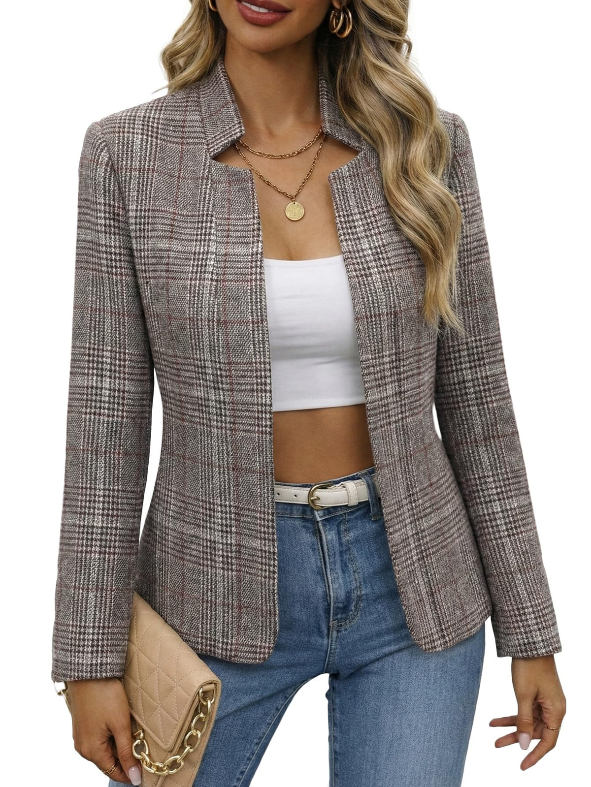 Mina Self 2026 Fall Women's Open Front Tweed Blazer,Plaid Fitted Jacket