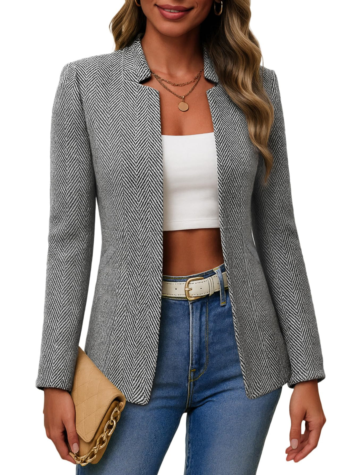 Mina Self 2026 Fall Women's Open Front Tweed Blazer,Plaid Fitted Jacket