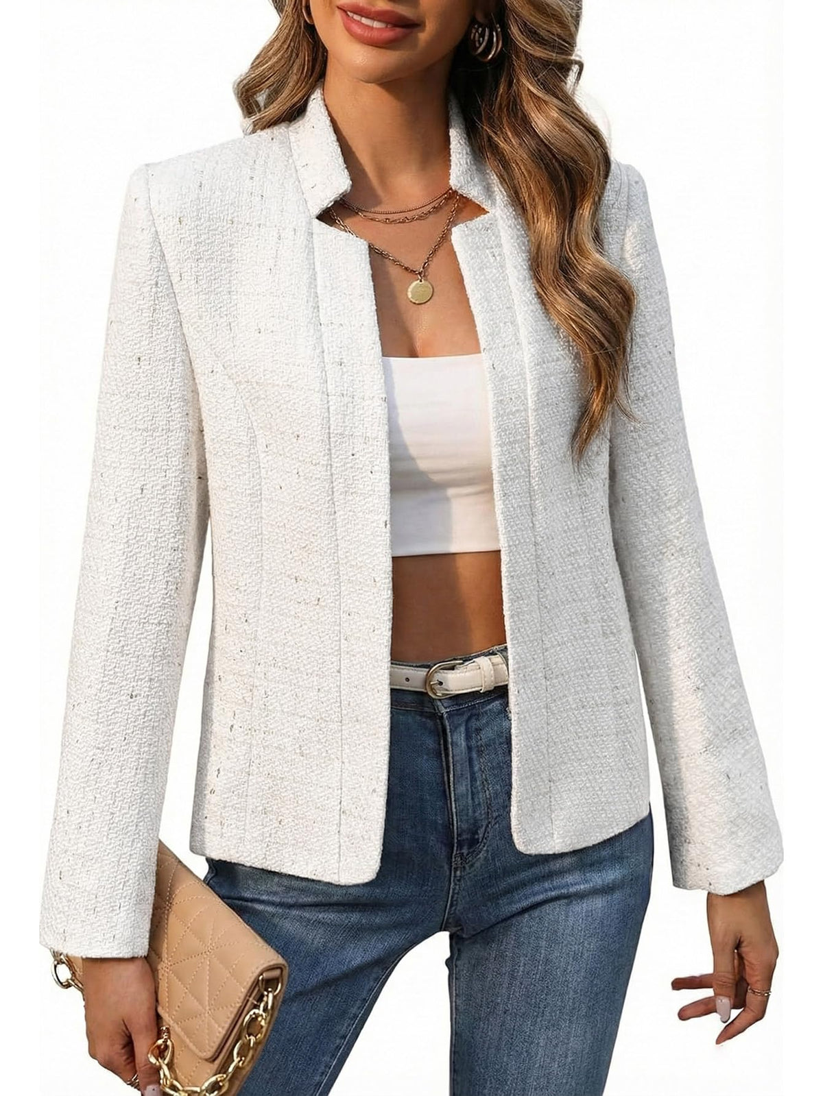 Mina Self 2026 Fall Women's Open Front Tweed Blazer,Plaid Fitted Jacket