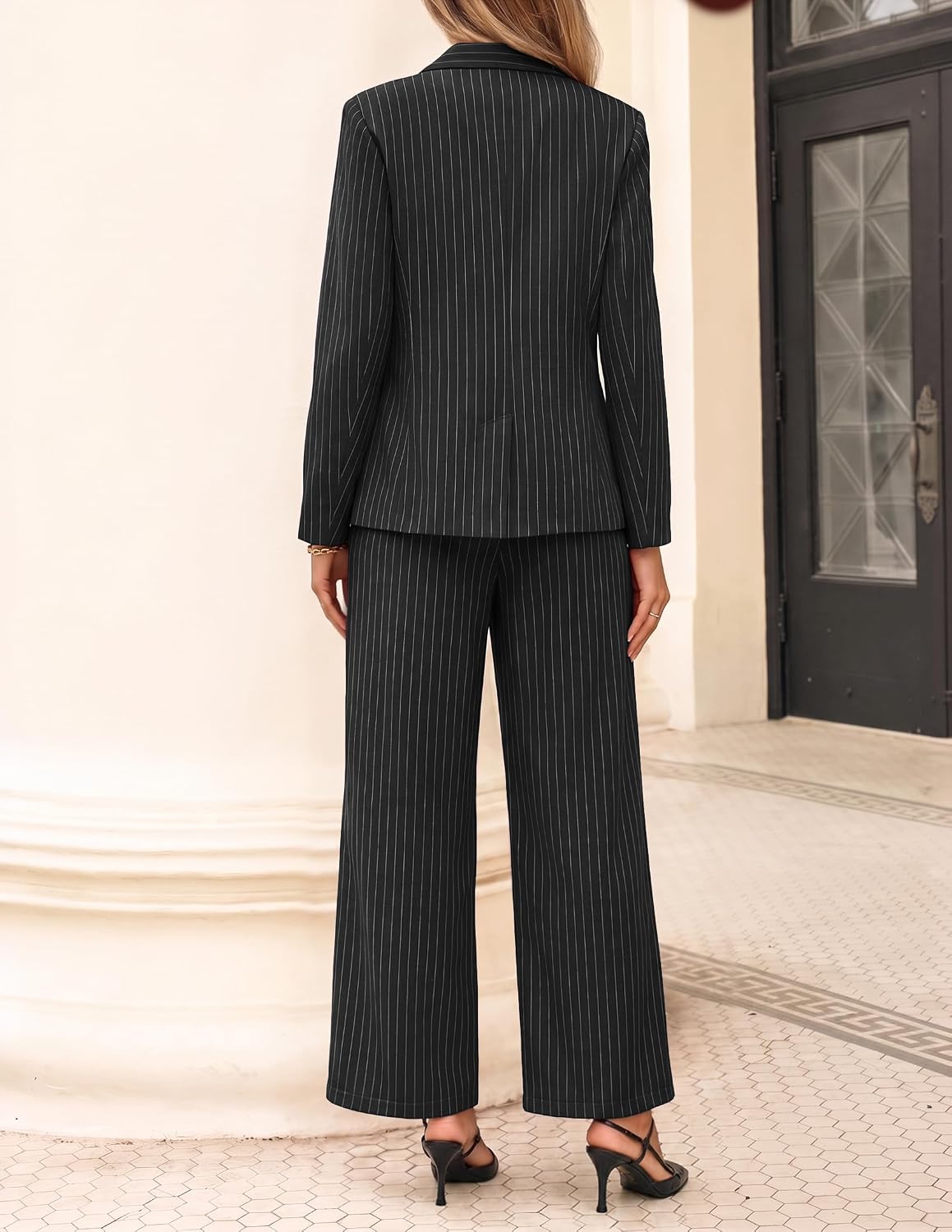 ZESICA Women's 2 Piece Striped Suit Sets Business Casual Outfits